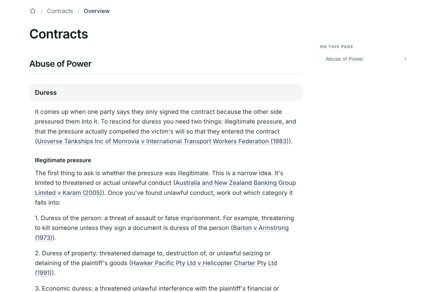 The Duress overview: topic band, subheadings, and live case citations.